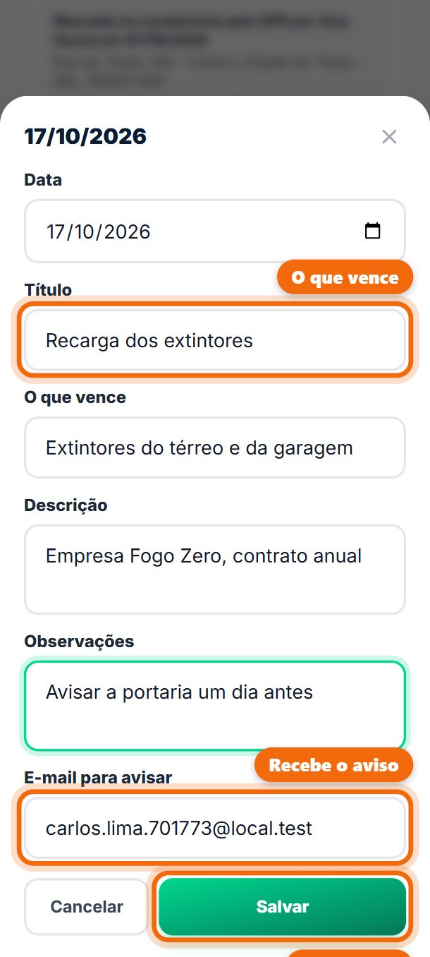 Passo 8: Preencha o título, o que vence, a descrição, as observações e o e-mail. O aviso chega 3 dias antes e no dia.
