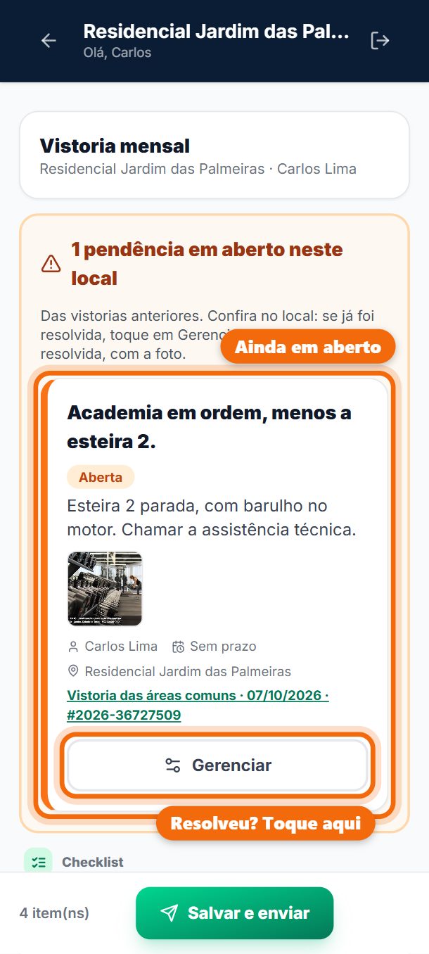 Passo 2: Se o condomínio tem pendências em aberto, elas aparecem primeiro: confira no local. Já resolvida? Toque em Gerenciar.