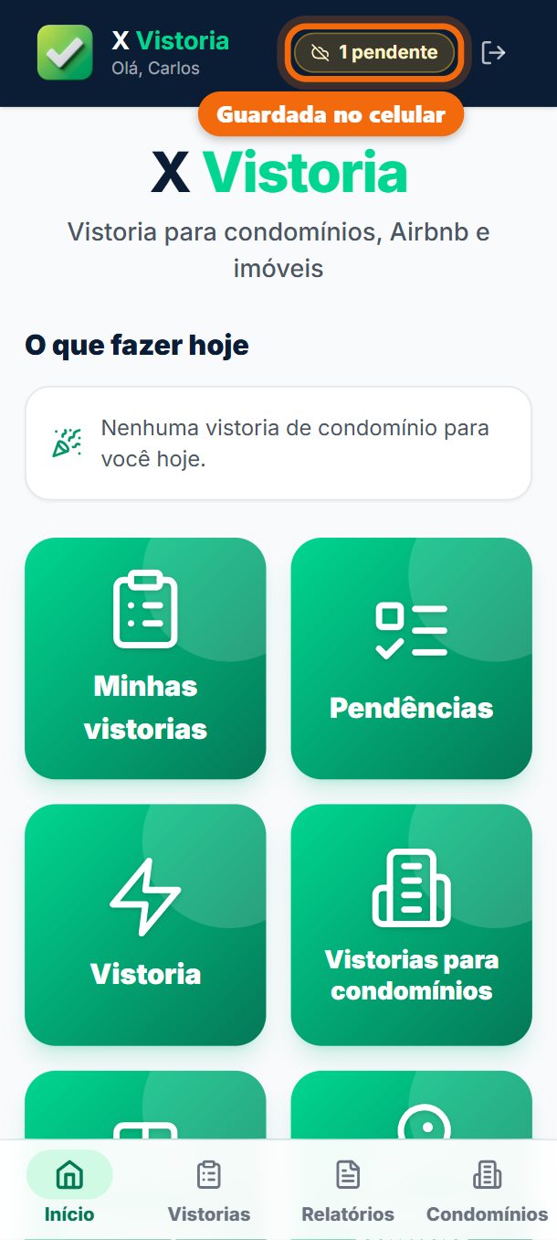 Passo 1: Sem sinal, toque em Salvar e enviar do mesmo jeito: a vistoria fica guardada no celular e aparece 1 pendente no alto.