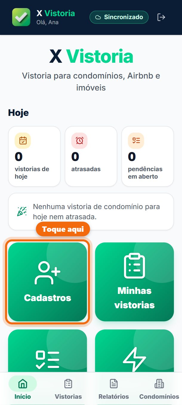 Passo 1: Na tela inicial, toque em Cadastros.