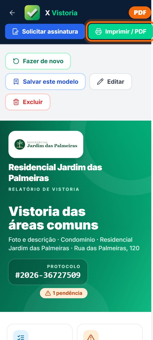 Passo 8: O relatório abre com fotos, ocorrências, horários, as pendências e o endereço de onde o funcionário estava (pelo GPS do celular; tocar no endereço abre o mapa). Feita longe do condomínio, sai marcada como Fora do local. Toque em Imprimir / PDF para salvar o PDF.