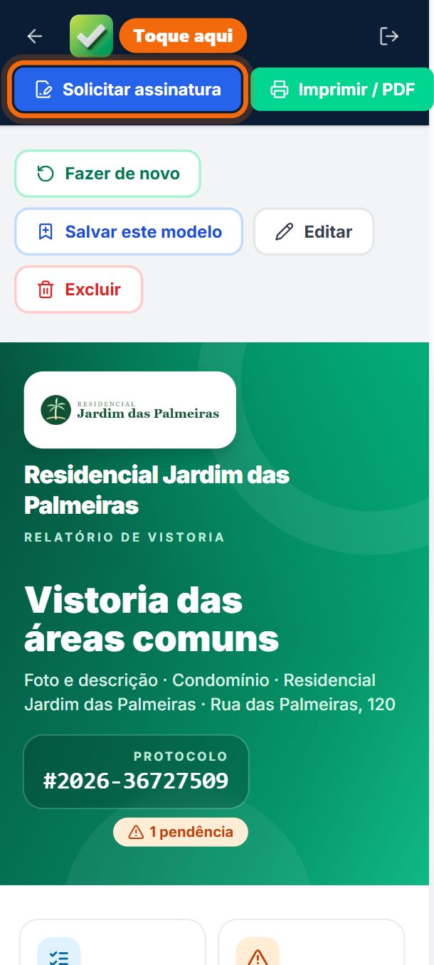Passo 10: Para o síndico ou o conselho assinar, toque em Solicitar assinatura: o WhatsApp abre com o link; escolha a pessoa e envie.
