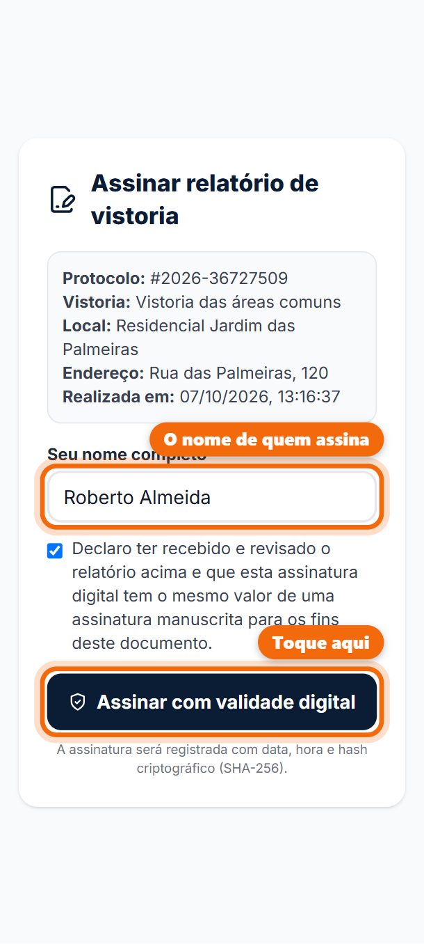 Passo 1: Quem recebe o link escreve o nome, confirma a declaração e toca em Assinar com validade digital.