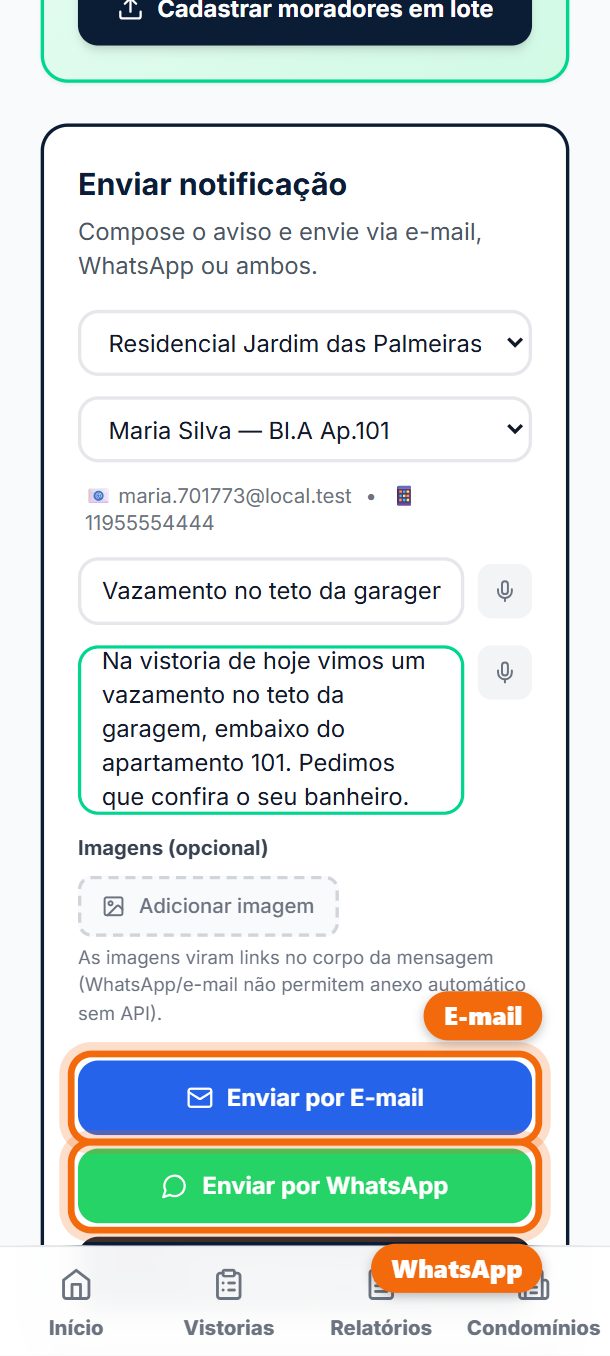 Passo 5: Toque em Enviar por E-mail, Enviar por WhatsApp ou Enviar por ambos. No WhatsApp, a mensagem abre pronta: é só enviar.
