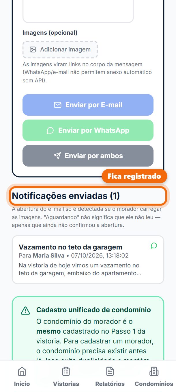 Passo 6: Em Notificações enviadas fica o registro de cada aviso — e, no e-mail, se o morador abriu.
