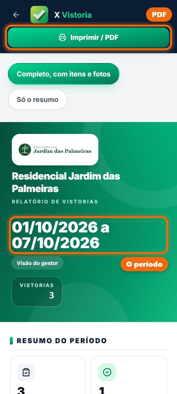 Passo 4: O relatório do período sai com o cabeçalho e o rodapé verdes: o resumo em números (vistorias, tudo certo, problemas, fotos, tempo em campo), por função e por funcionário, os problemas encontrados e cada vistoria com os itens e as fotos. Só o resumo tira o detalhe. Toque em Imprimir / PDF para salvar o PDF.