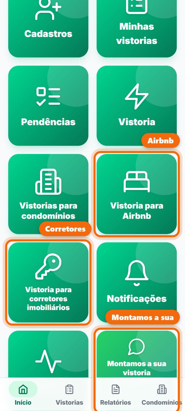 Passo 1: Na tela inicial, toque em Vistoria para Airbnb ou em Vistoria para corretores imobiliários.