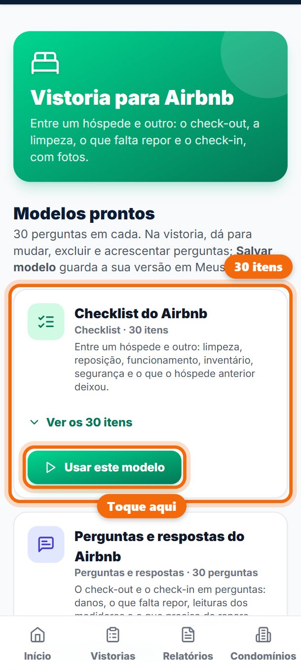 Passo 2: Cada setor tem os modelos prontos: um Checklist e um Perguntas e respostas, com 30 perguntas cada. Toque em Ver os 30 itens para conferir e em Usar este modelo.