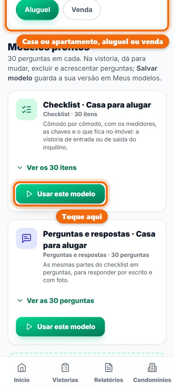 Passo 3: Nos corretores, escolha casa ou apartamento e aluguel ou venda: os modelos mudam com a escolha, cômodo por cômodo.