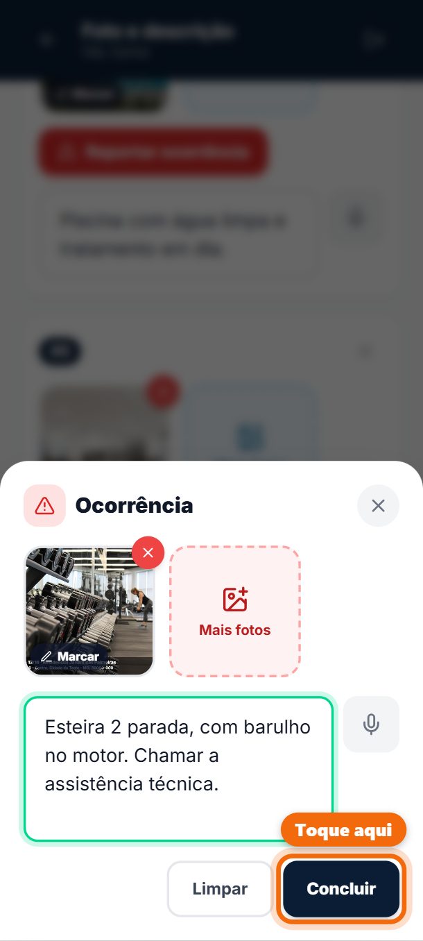 Passo 12: Fotografe o problema, descreva e toque em Concluir.