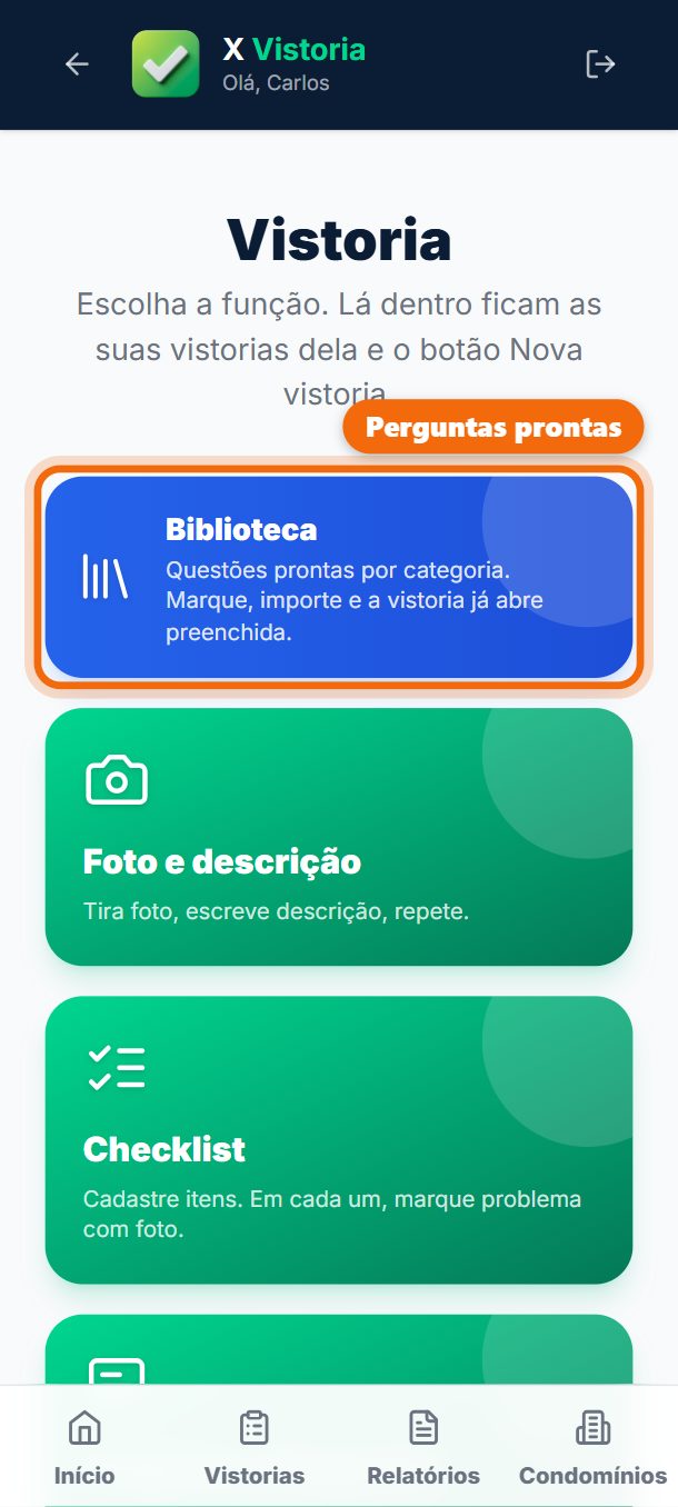 Passo 1: Em Vistoria, toque em Biblioteca.