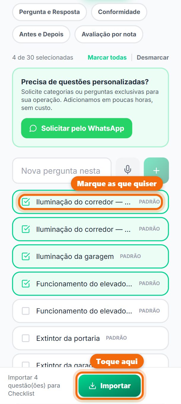 Passo 2: Escolha a função no alto, marque as perguntas que quiser e toque em Importar: a vistoria já abre preenchida.